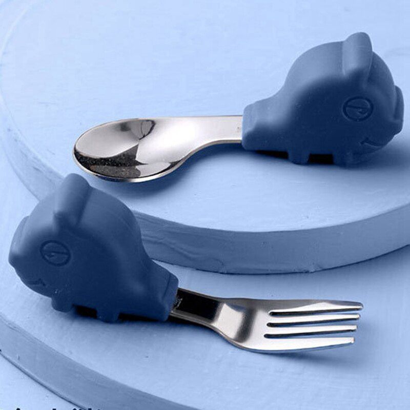 Highland - Blue Hippo Baby Plate & Utensils Feeding Set