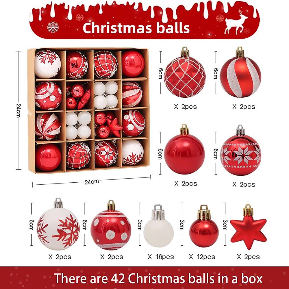 Highland - Christmas Ball Tree Ornaments - 42pc - Red/White