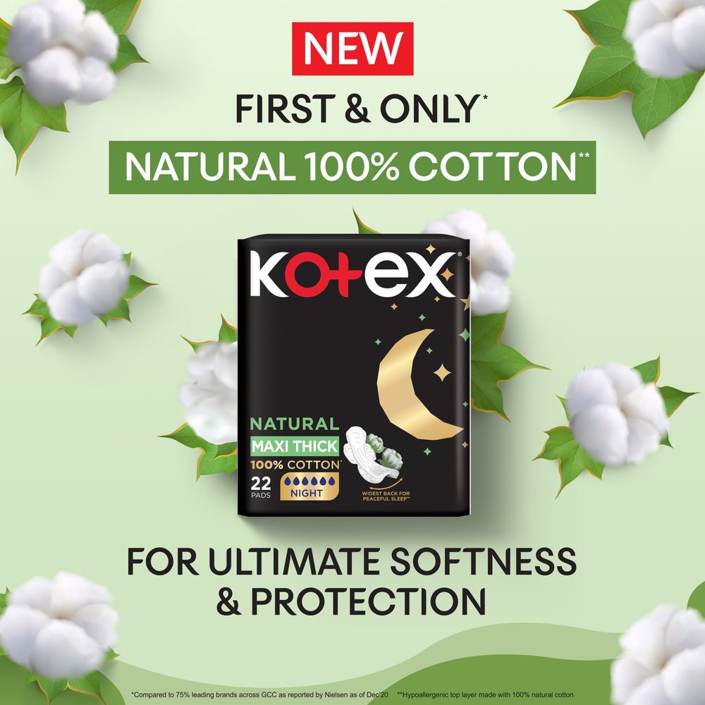 Kotex - Natural Maxi Protect Thick Pads, 100% Cotton Pad, Overnight Protection Sanitary Pads with Wings, 22 Sanitary Pads