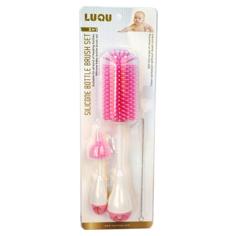 Luqu - 3-in-1 Silicone Baby Bottle Brush Set - Pink