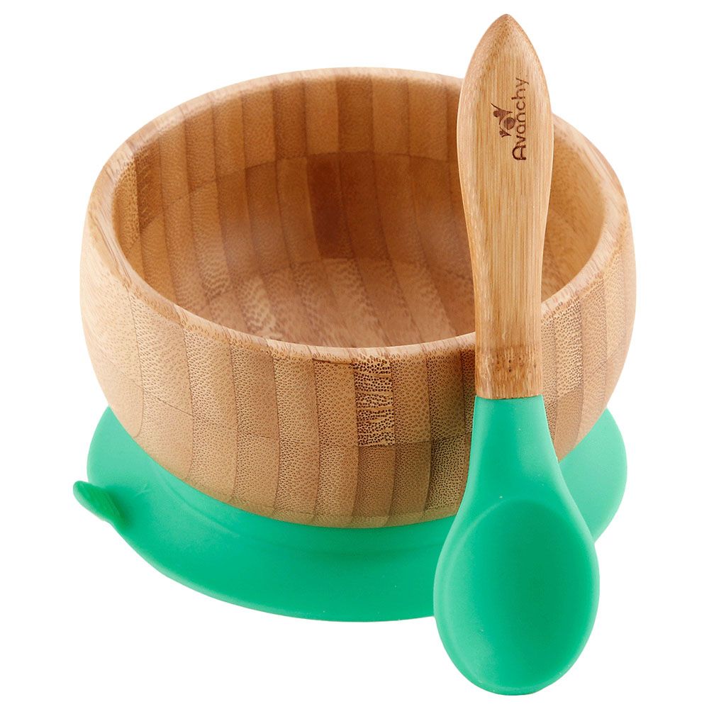 Avanchy - Baby Bamboo Stay Put Suction Bowl + Spoon - Green