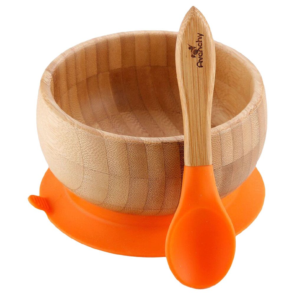 Avanchy - Baby Bamboo Stay Put Suction Bowl + Spoon - Orange