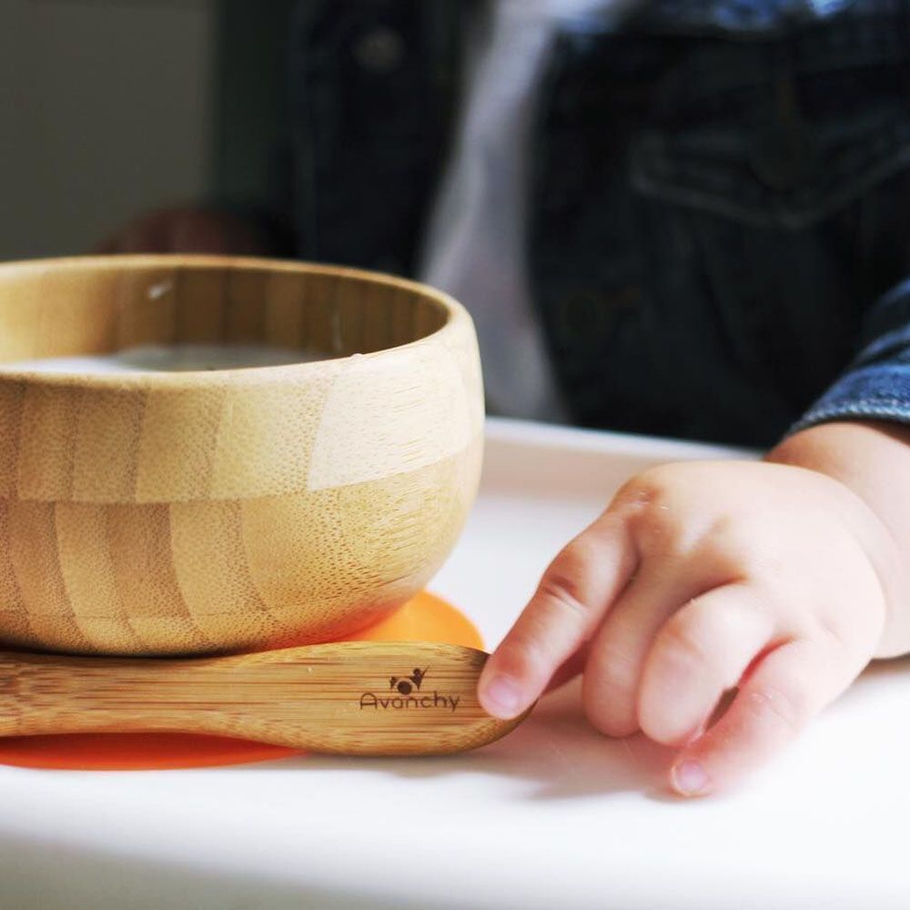 Avanchy - Baby Bamboo Stay Put Suction Bowl + Spoon - Orange