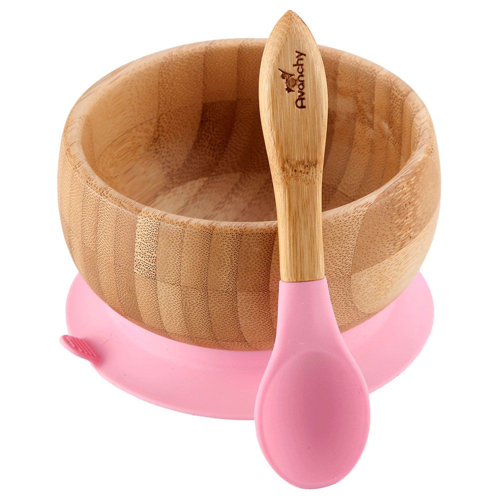 Avanchy - Baby Bamboo Stay Put Suction Bowl + Spoon - Pink