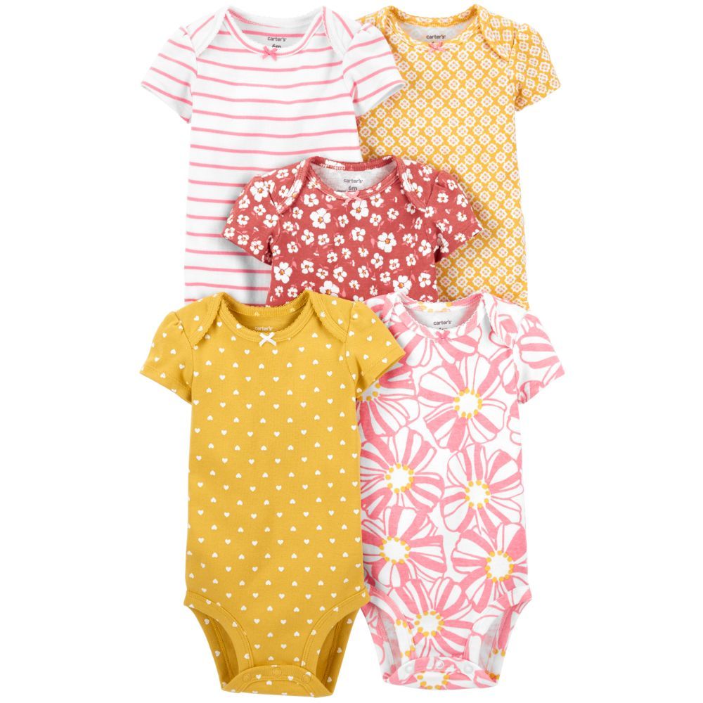 Carters - 5pc-Set - Flower Printed Short-Sleeve Bodysuits