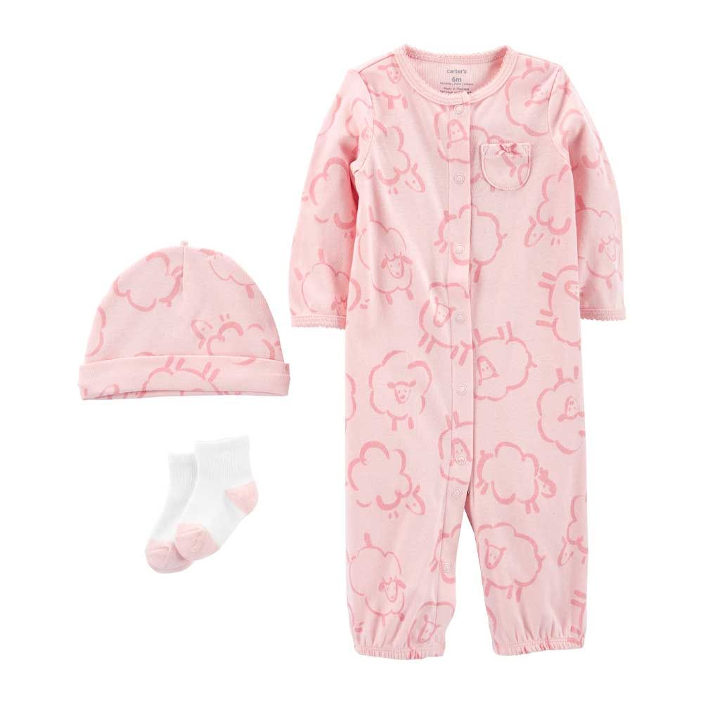 Carter's - 3pc-Set - Converter Printed Gown, Cap & Socks - Pink