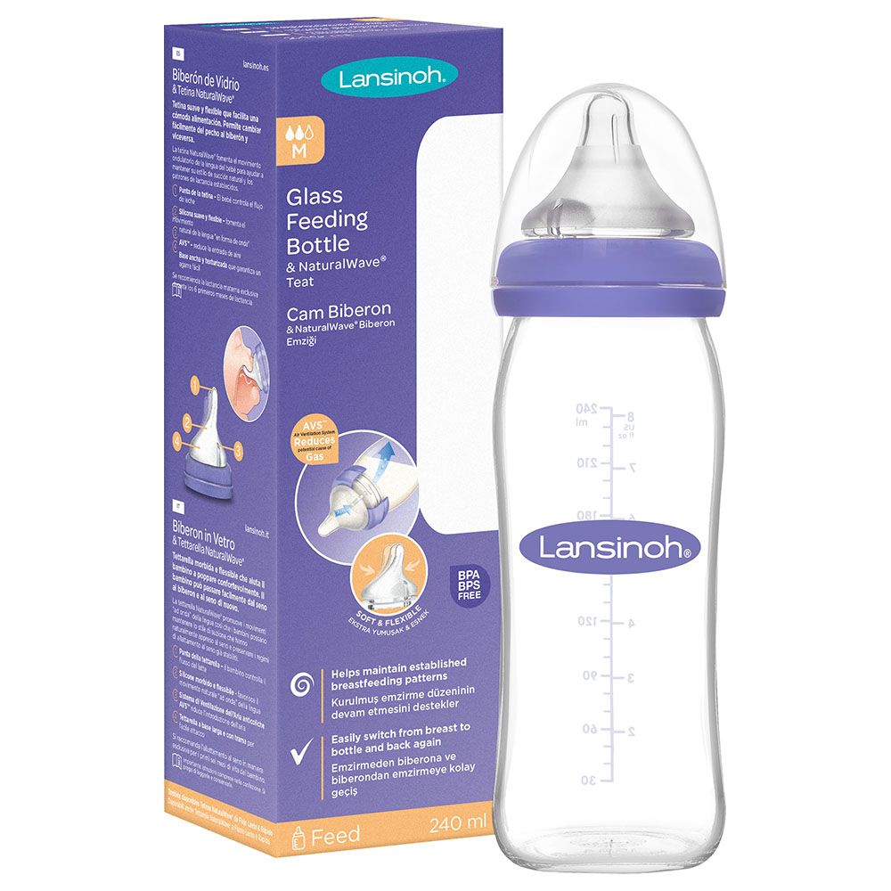 Lansinoh - Glass Feeding Bottle W/ Natural Wave Teat - 240 ml