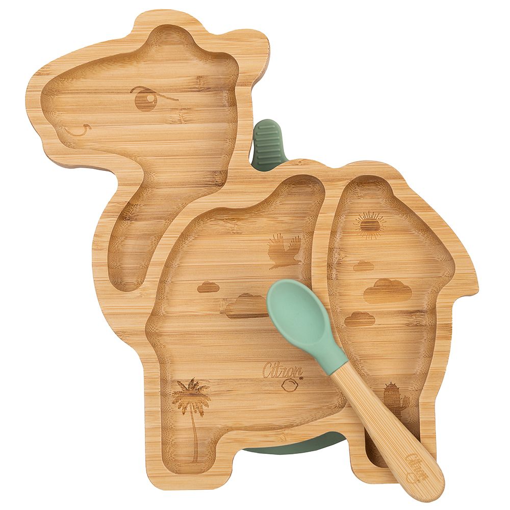 Citron - Organic Bamboo Plate Suction with Spoon - Camel Pastel Green