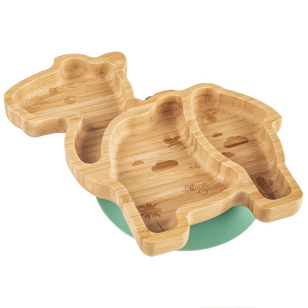 Citron - Organic Bamboo Plate Suction with Spoon - Camel Pastel Green