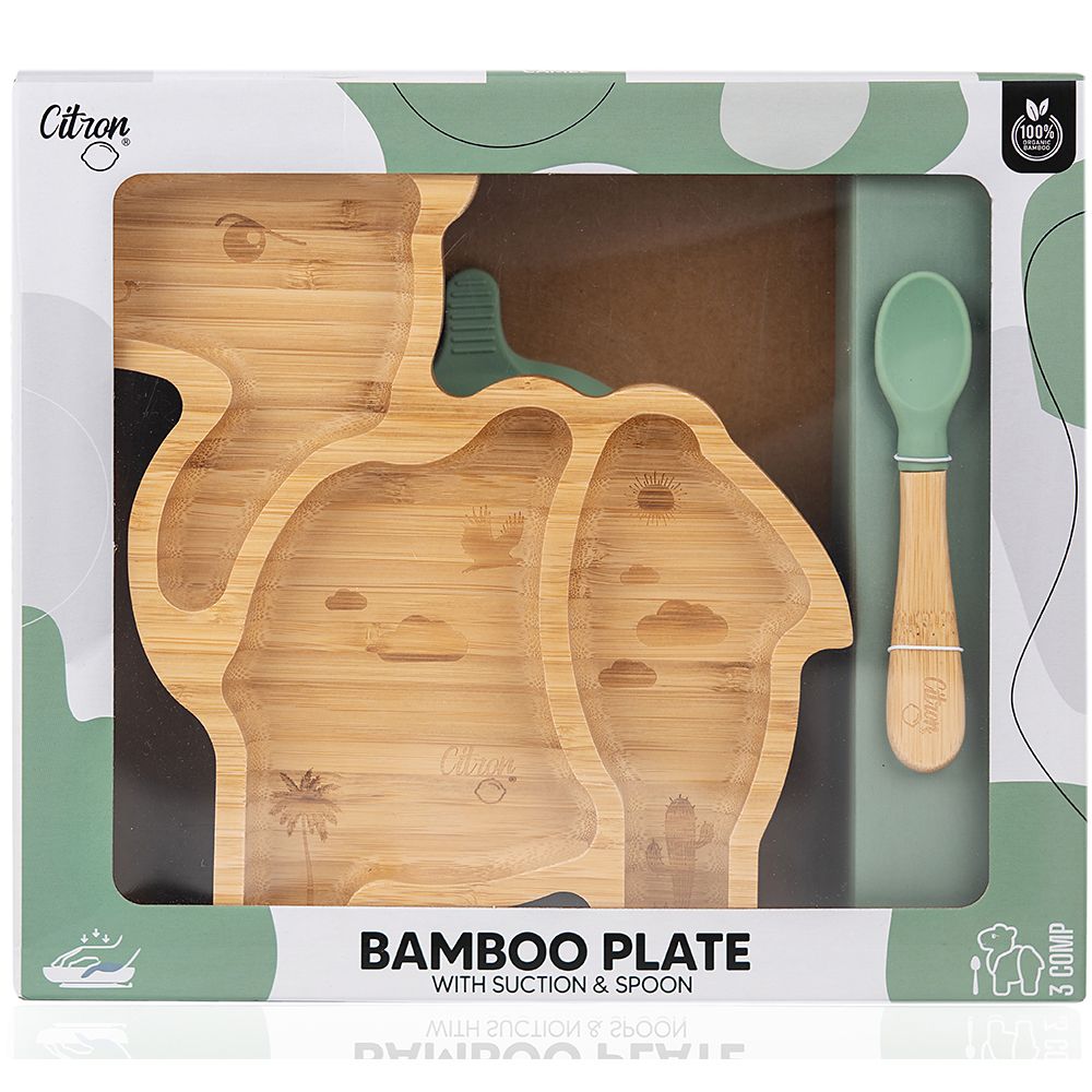 Citron - Organic Bamboo Plate Suction with Spoon - Camel Pastel Green