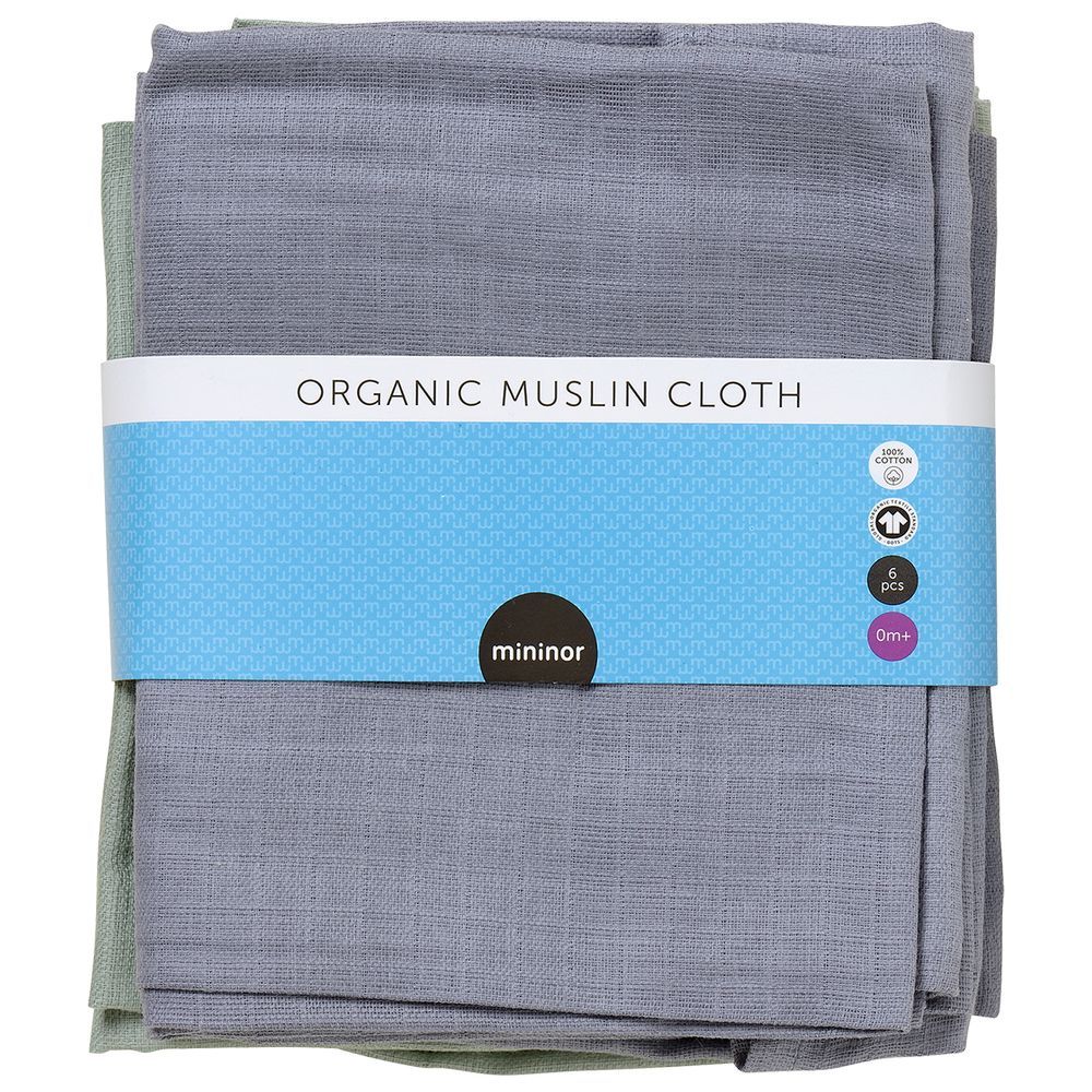 Mininor - Organic Muslin Towel - 6pcs - Grey Seal/Willow Green