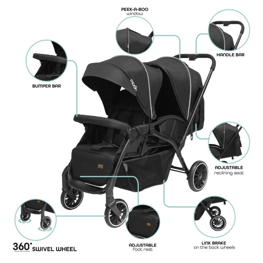 Moon - Dois Foldable Twin Stroller - Black