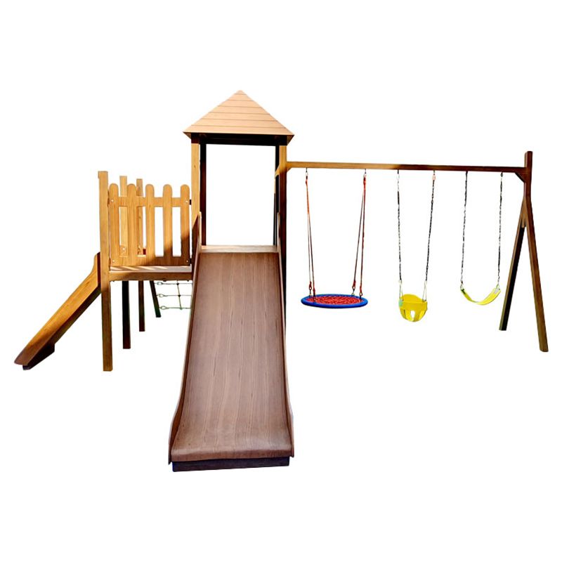 Moon Kids - Climbing Frame With Triple Swing Set - Brown