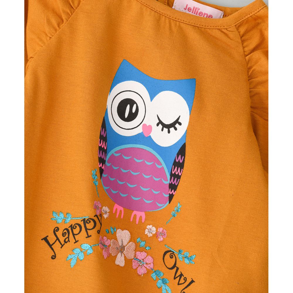 Jelliene - Happy Owl Round Neck Knit Top - Yellow