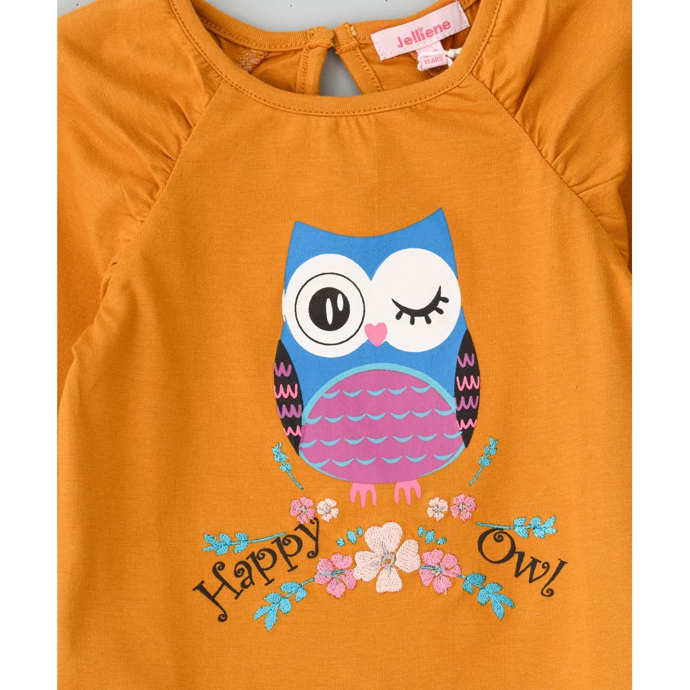 Jelliene - Happy Owl Round Neck Knit Top - Yellow