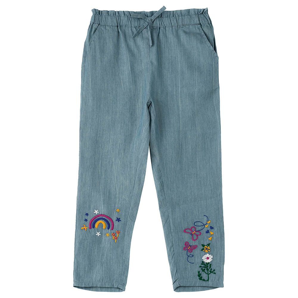 Jelliene - Woven Pants W/Embroideredroidery Design - Blue