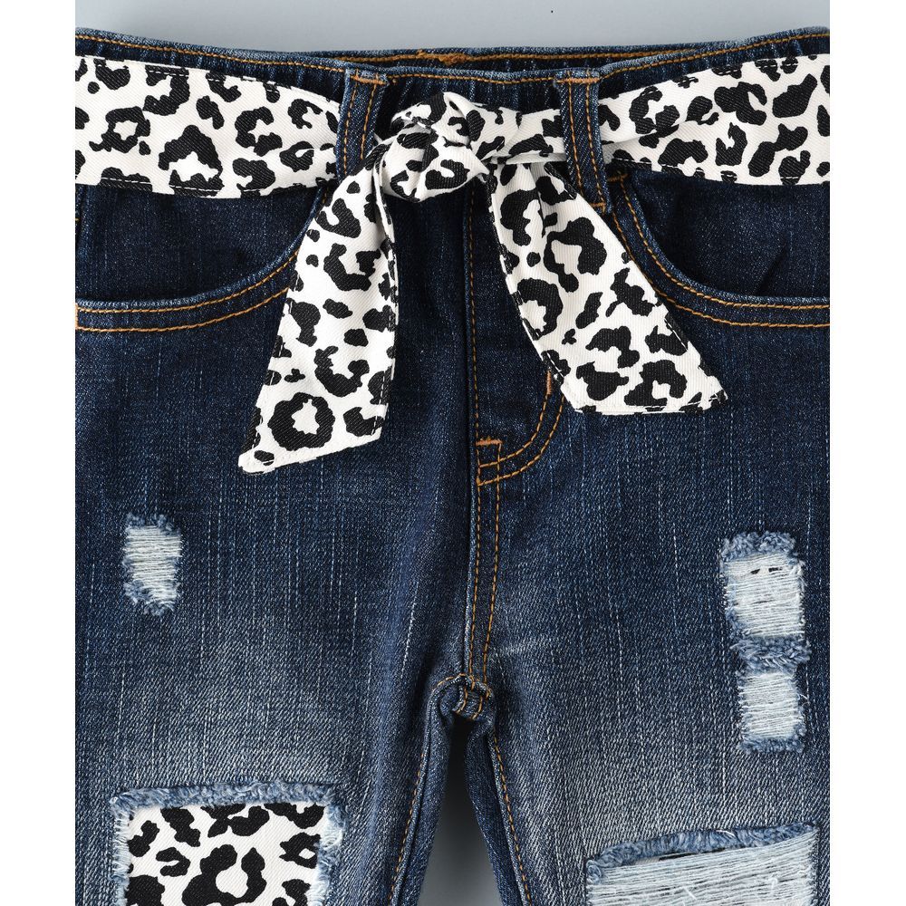 Jelliene - Woven Denim Pant W/ Leopard Print Belt - Blue