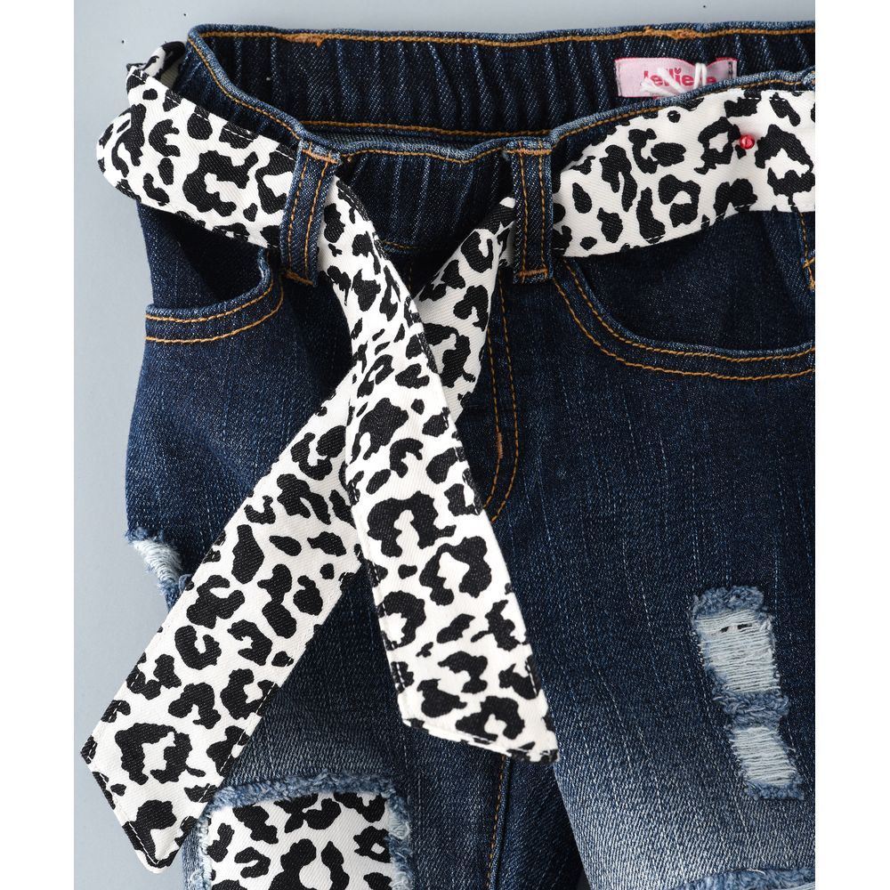 Jelliene - Woven Denim Pant W/ Leopard Print Belt - Blue