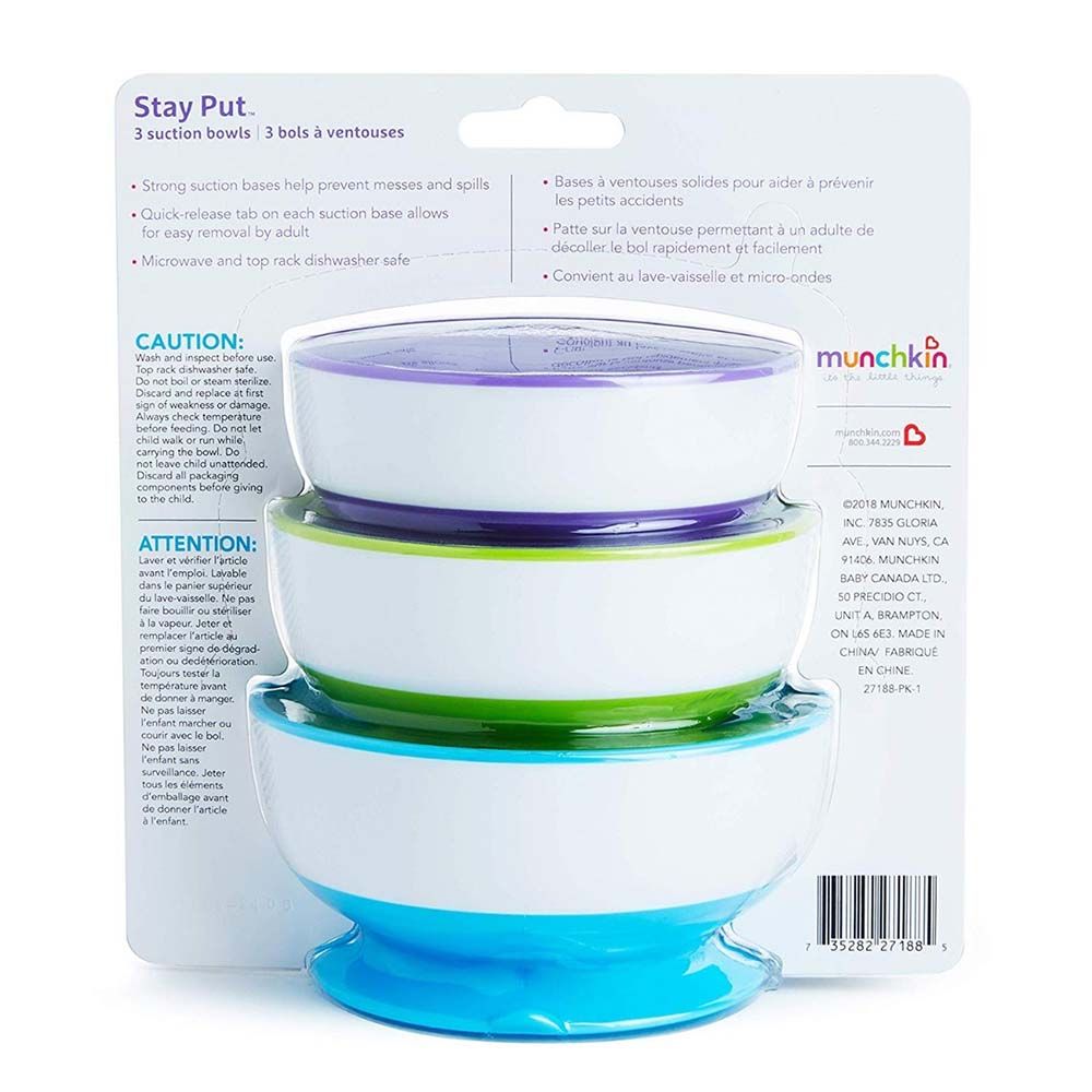 Munchkin - Stay Put Suction Bowls Pack of 3 - Purple, Green, Blue