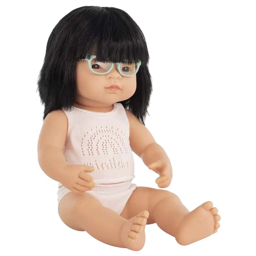 Miniland Baby - Asian Girl Baby Doll w/ Glasses - 38 cm - Beige