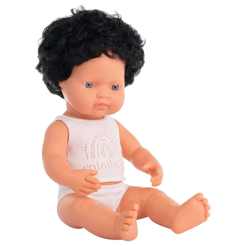 Miniland Baby - Caucasian Baby Doll  Curly Black Hair Boy - 38cm - White 