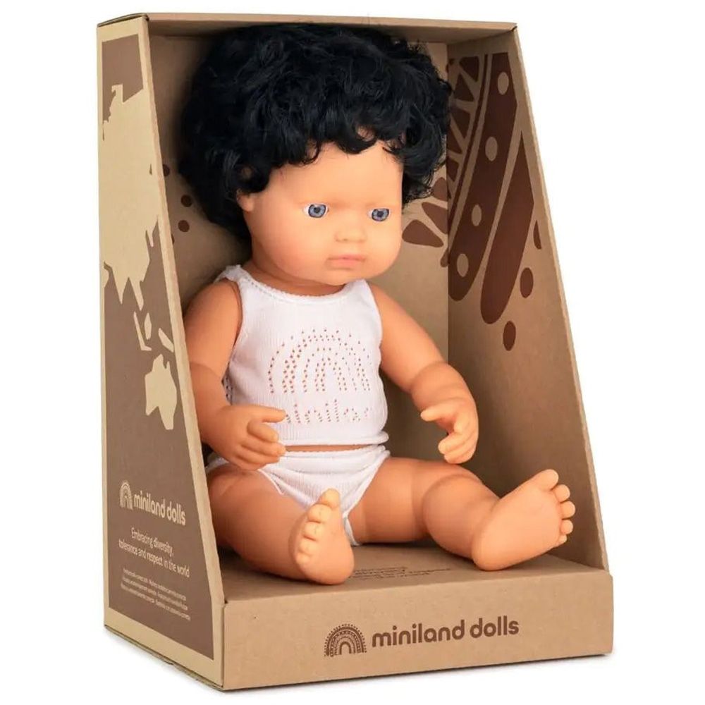 Miniland Baby - Caucasian Baby Doll  Curly Black Hair Boy - 38cm - White 