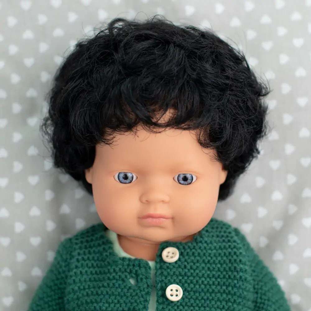 Miniland Baby - Caucasian Baby Doll  Curly Black Hair Boy - 38cm - White 