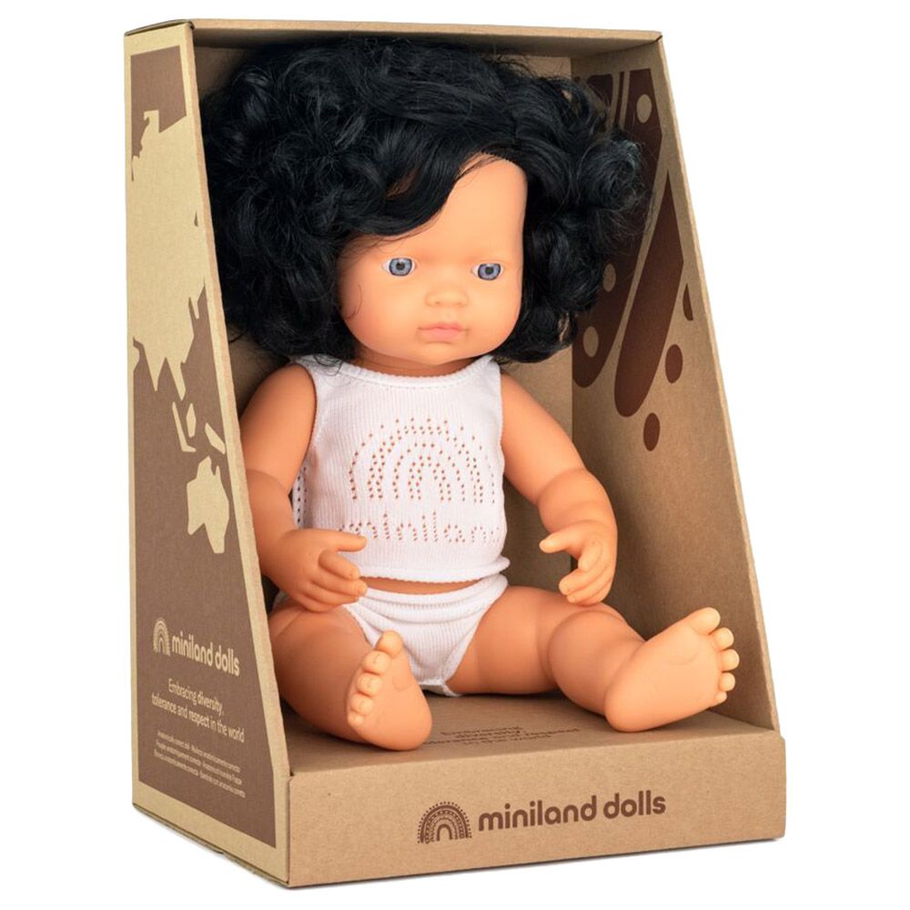 Miniland Baby - Caucasian Curly Black Hair Girl Doll - 38cm - White