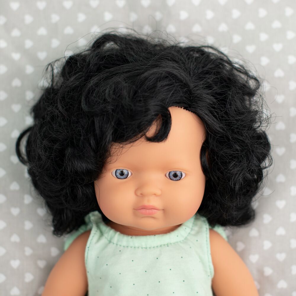 Miniland Baby - Caucasian Curly Black Hair Girl Doll - 38cm - White