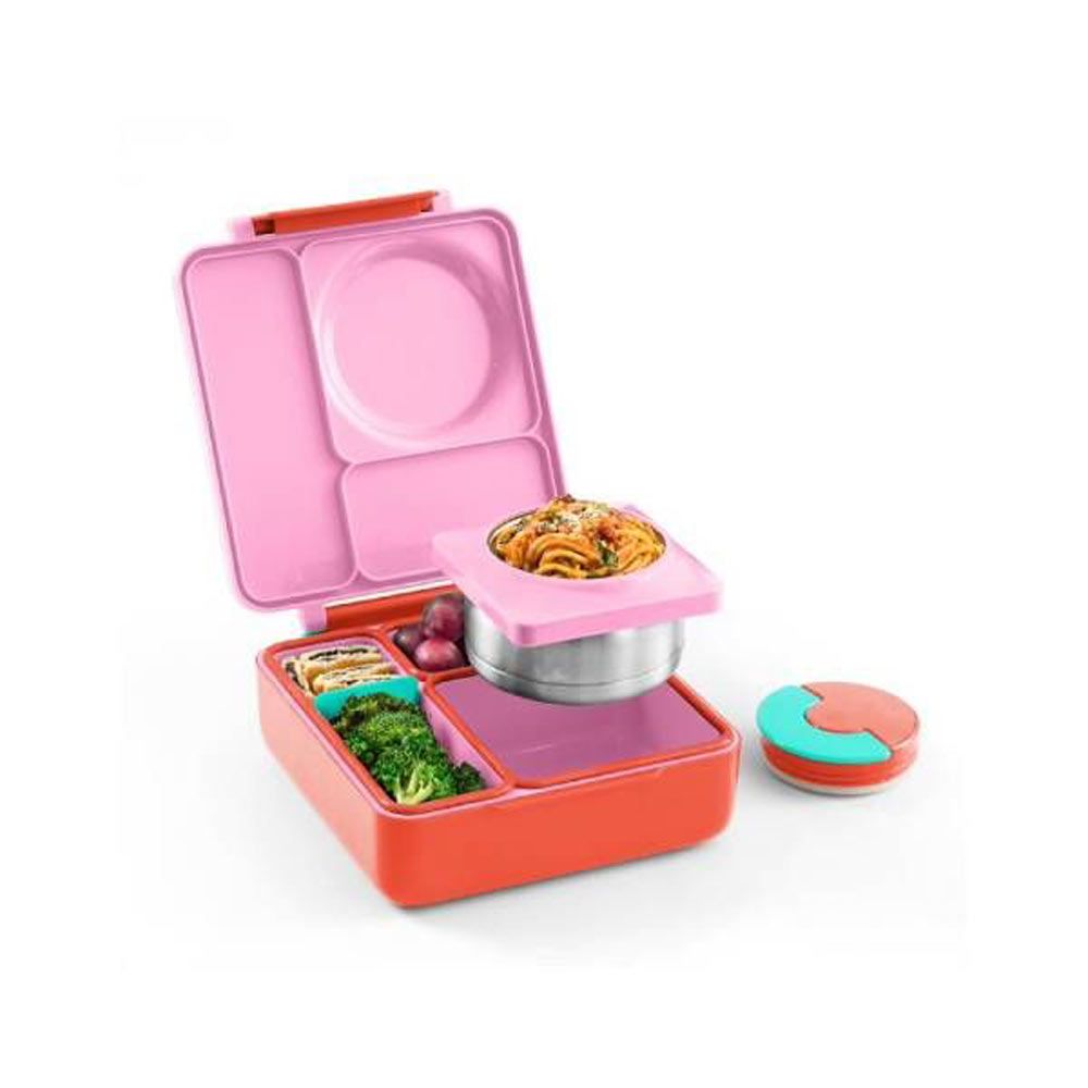 OmieBox - 2nd Gen 3 Compartments Kids Bento Box with Insulated Thermos-Pink