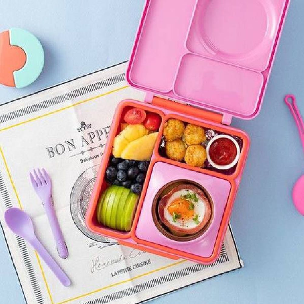 OmieBox - 2nd Gen 3 Compartments Kids Bento Box with Insulated Thermos-Pink