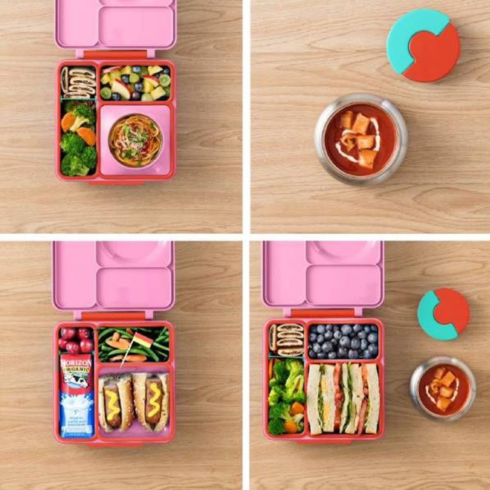 OmieBox - 2nd Gen 3 Compartments Kids Bento Box with Insulated Thermos-Pink