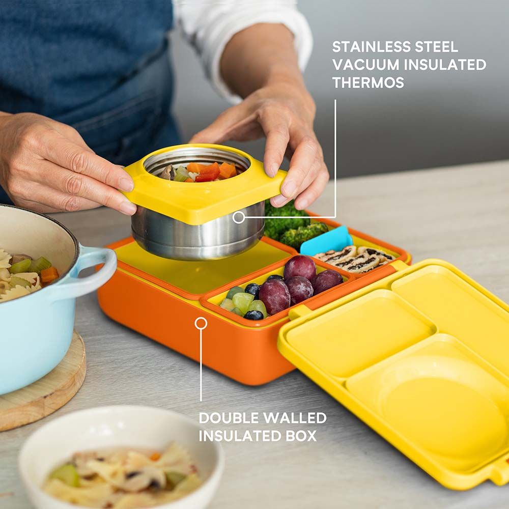 OmieBox - 2nd Gen 3 Compartments Kids Bento Box with Insulated Thermos-Sunshine