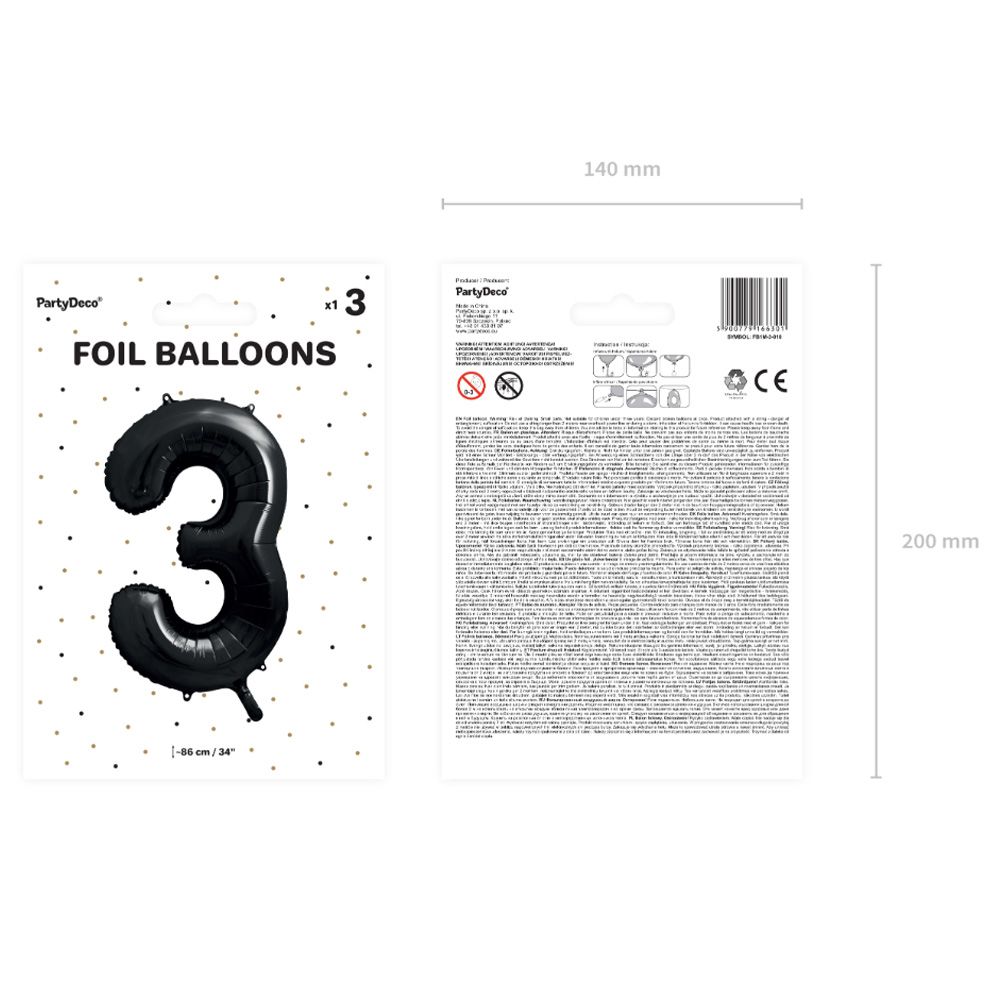 Party Deco - Foil Balloon Number 3 - Black