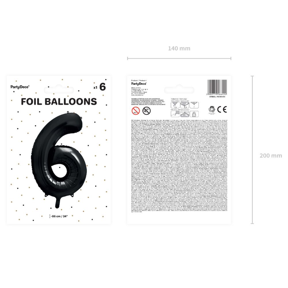 Party Deco - Foil Balloon Number 6 - Black