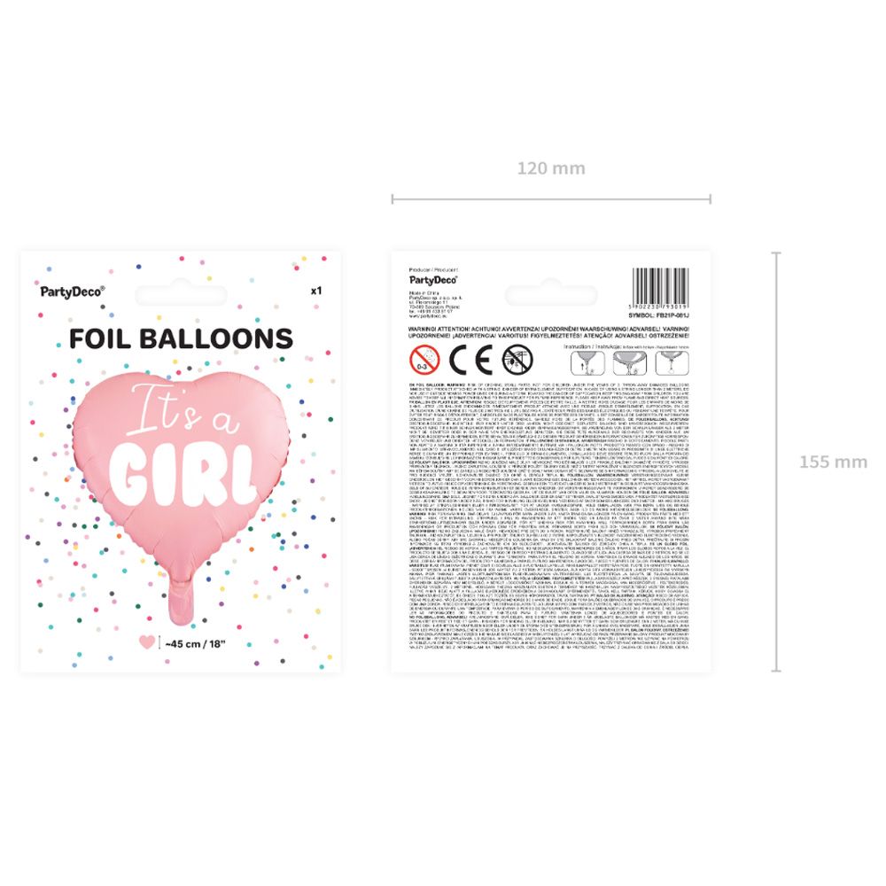 Party Deco - It's A Girl Heart Shaped Foil Balloon - Pink