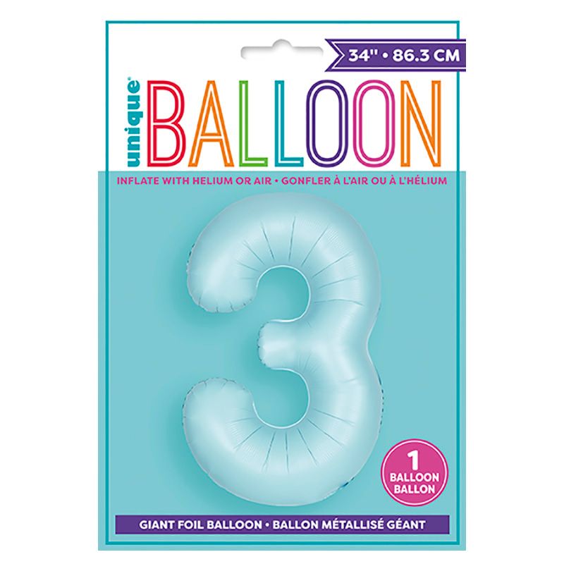 Unique - 34-inch Number "3" Foil Balloon - Matte Blue