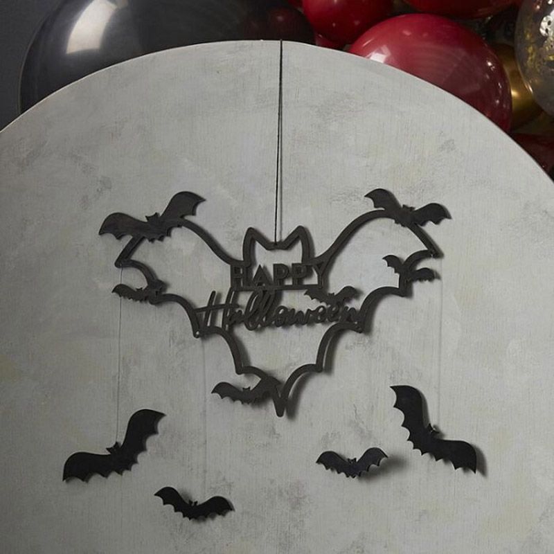 Ginger Ray - Black Wood Bat Happy Halloween Wreath