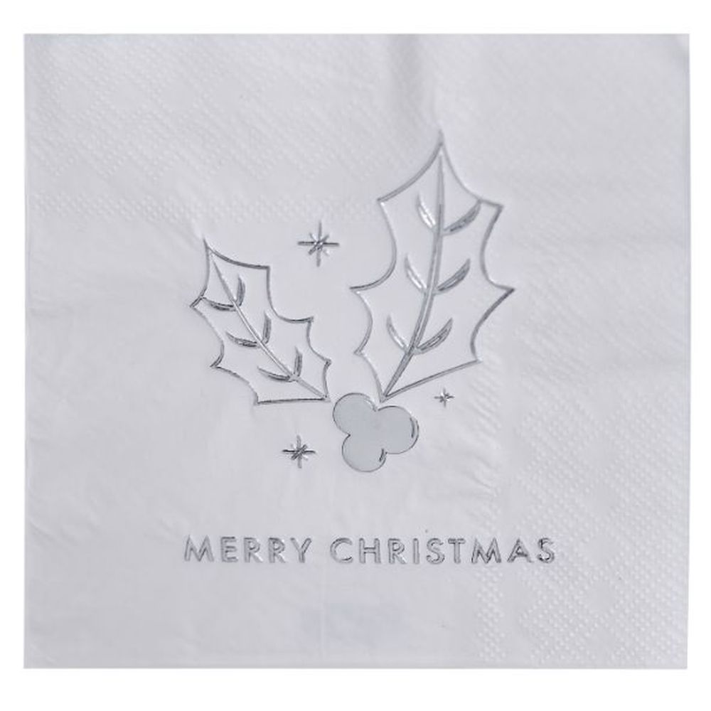 Ginger Ray - Silver Merry Christmas Holly Cocktail Napkin 16pcs