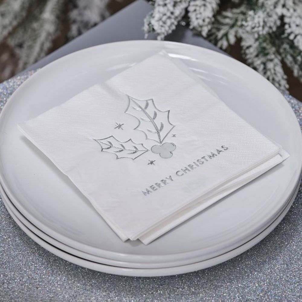 Ginger Ray - Silver Merry Christmas Holly Cocktail Napkin 16pcs