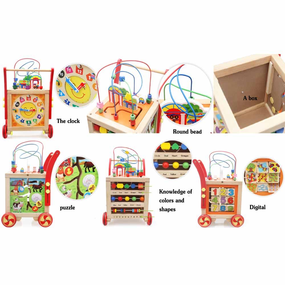 Factory Price - Wooden Baby Walker Trolley With Activity Cube