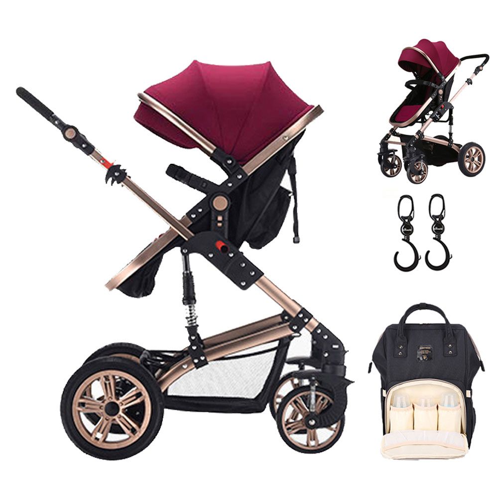 Teknum - 3-in-1 Pram Stroller, Diaper Bag & Hooks Wine - Black