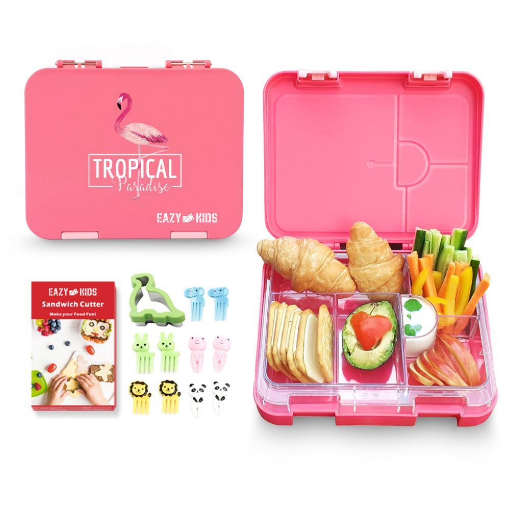 Eazy Kids - 4-6 Convertible Bento Lunch Box w Sandwich Cutter Set Flamingo Pink