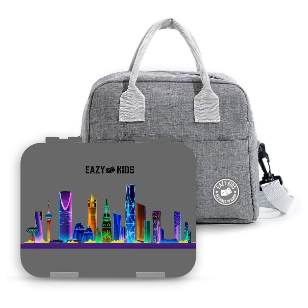 Eazy Kids 4 Compartment Bento Lunch Box w/ Sandwich Cutter Set-Love Saudi Grey