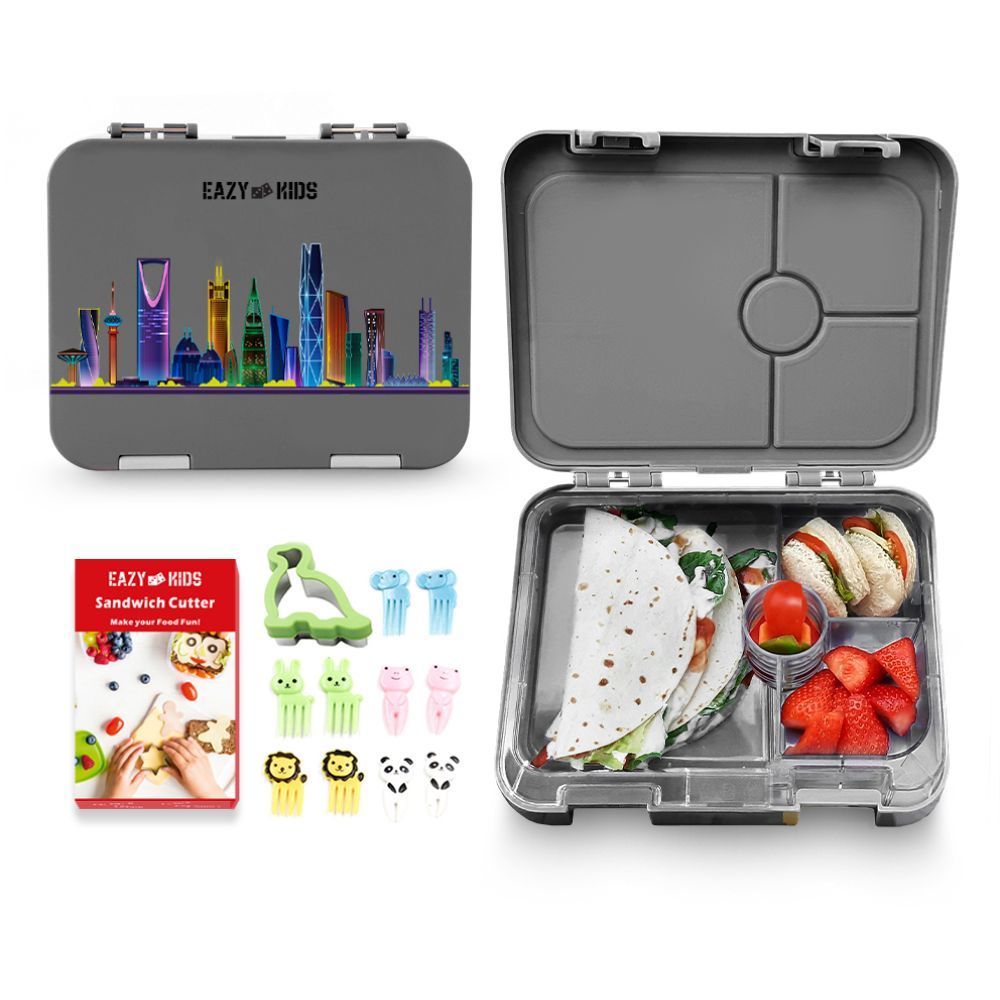 Eazy Kids 4 Compartment Bento Lunch Box w/ Sandwich Cutter Set-Love Saudi Grey