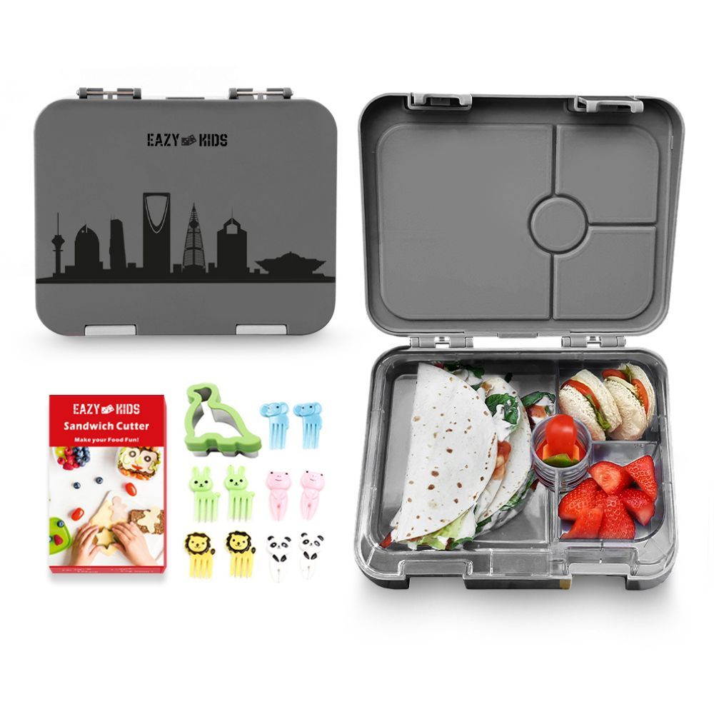 Eazy Kids 4 Compartment Bento Lunch Box w/ Sandwich Cutter Set-Skyline Saudi Grey