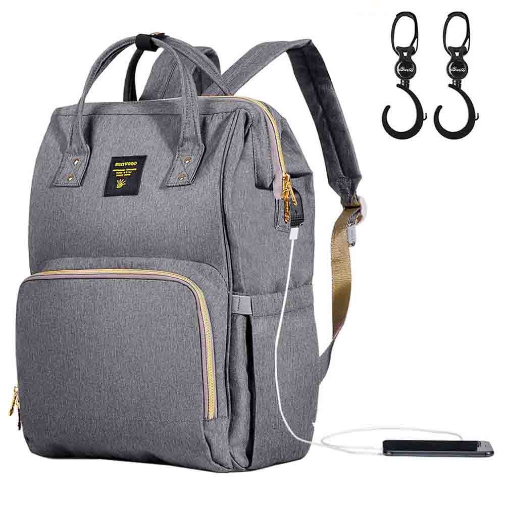 Sunveno - Diaper Bag with USB - Grey + Hooks