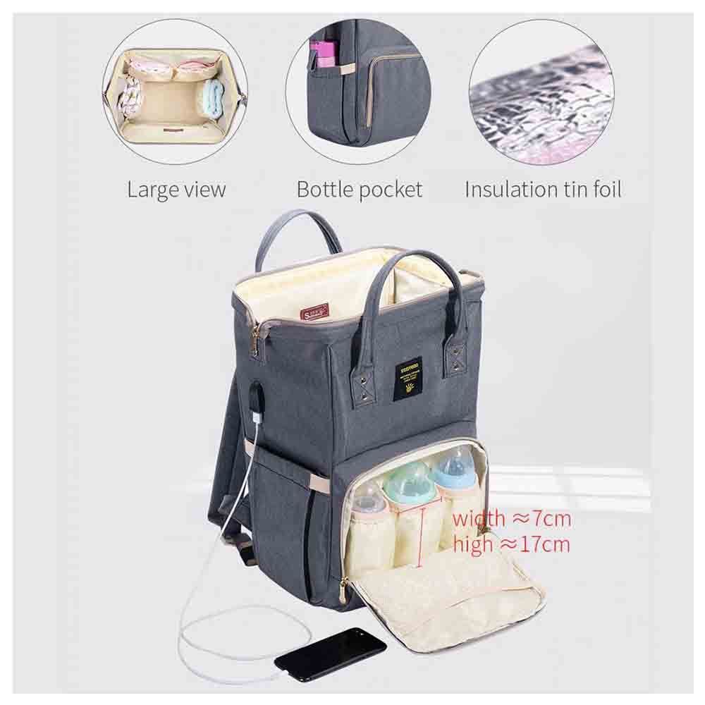 Sunveno - Diaper Bag with USB - Grey + Hooks