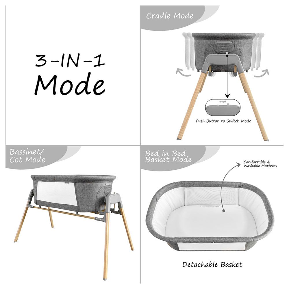 Teknum - 3-in-1 Baby Rocker Bassinet With Mosquito Net - Grey