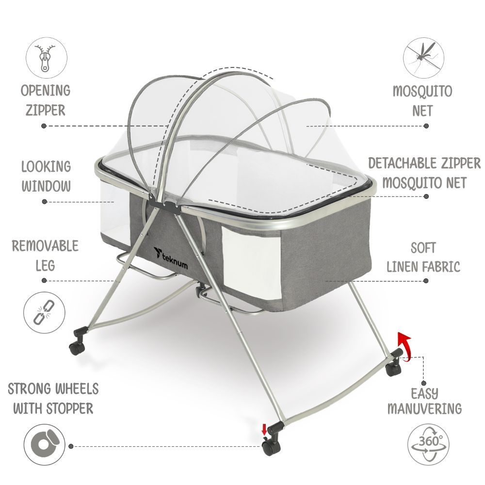 Teknum - 3-in-1 Baby Cot/Cradle W/ Mosquito Net & Wheels - Grey